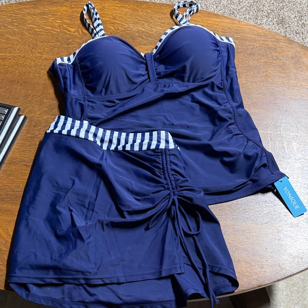 Younique Navy Tankini Set with White-Striped Trim